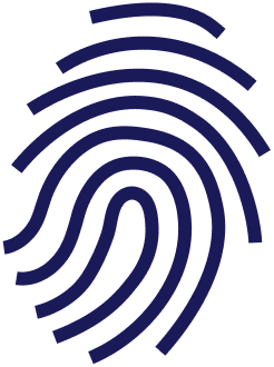 A dark blue fingerprint pattern is displayed, showing intricate swirling lines against a white background. The pattern consists of curved and straight parallel lines, forming a classic fingerprint design.