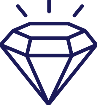 A blue line-drawn diamond icon is centered, emitting rays from the top, symbolizing brilliance or value, set against a plain white background.