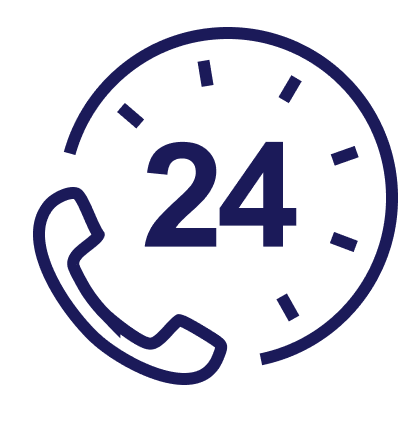 A telephone handset icon overlays a clock showing "24," indicating 24-hour service. The design is minimalist with bold blue lines, suggesting availability and communication.