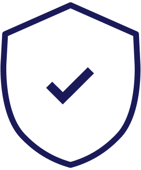 A blue checkmark is centered inside a simple, dark blue shield outline, symbolizing protection or verification. The background is plain white.