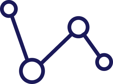 Dark blue line graph with four connected circular nodes, each varying in size. The lines zigzag across a white background, resembling a data analysis chart.