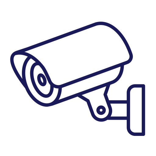 A stylized outline of a surveillance camera is mounted on a bracket, angled slightly downward, on a plain background.