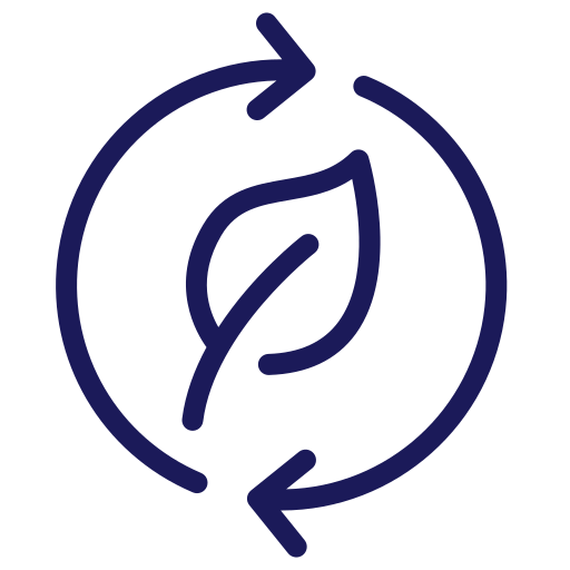 A green leaf is centered within two circular arrows, indicating recycling or sustainability. The design is simple with a minimalistic, eco-friendly theme.