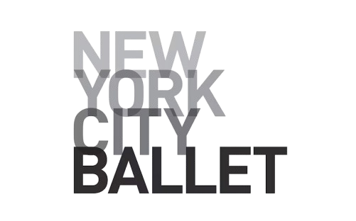 Text displaying "NEW YORK CITY BALLET" is layered in bold letters, arranged vertically against a speckled black and white background.