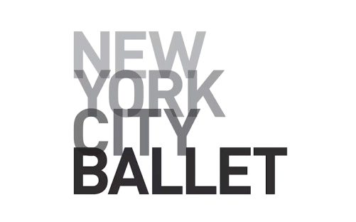 Text displaying "NEW YORK CITY BALLET" is layered in bold letters, arranged vertically against a speckled black and white background.