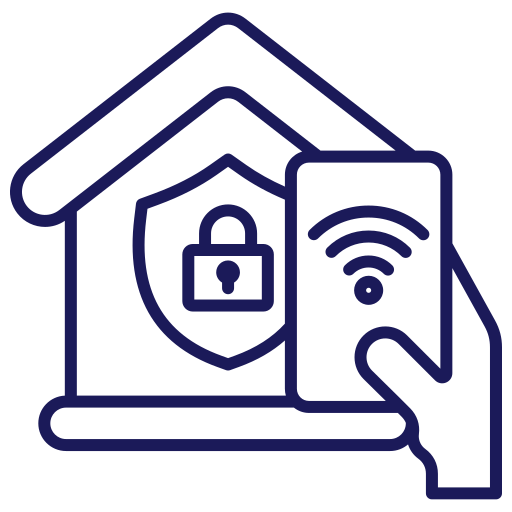 A smartphone displays a Wi-Fi signal, held by a hand, beside a house icon featuring a security shield with a lock, symbolizing smart home security technology.