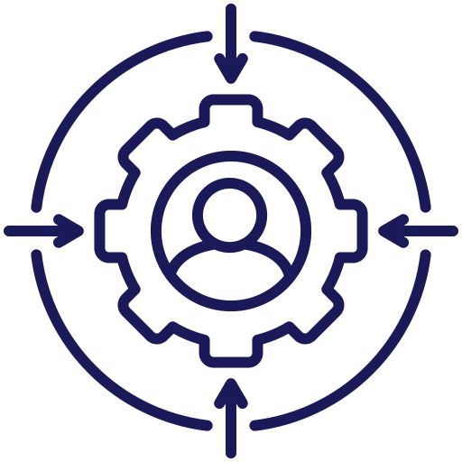 A gear surrounds a person icon, with four arrows pointing inward, symbolizing focus or integration. The design is simple and uses a monochromatic color scheme.