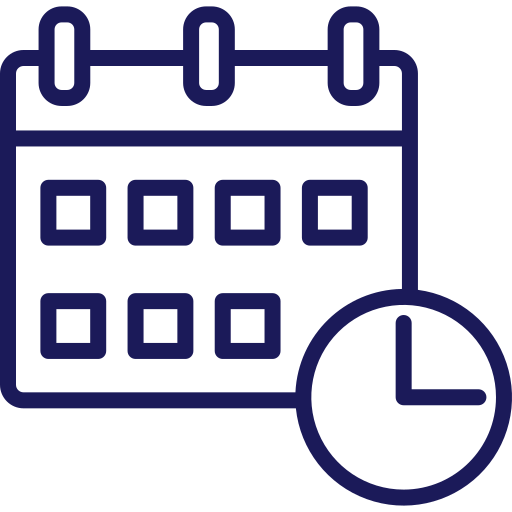 Calendar and clock icon; the calendar has grid lines and two rings at the top, representing days, next to a clock showing time, illustrating scheduling or planning.