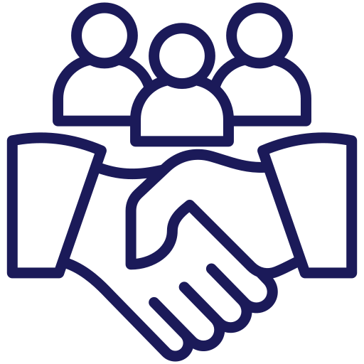 Handshake icon representing agreement. Above it, three silhouettes symbolize collaboration or teamwork, all outlined in dark blue against a white background, suggesting partnership and unity.