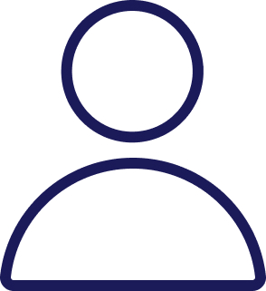 A simple dark blue icon features a circle representing a head above a semicircular shape symbolizing shoulders, against a plain white background.