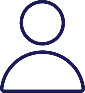 A simple dark blue icon features a circle representing a head above a semicircular shape symbolizing shoulders, against a plain white background.