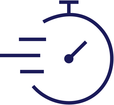 A minimalist stopwatch icon suggests speed, with motion lines on the left. The background is plain, emphasizing the focus on the stopwatch and its swift movement.