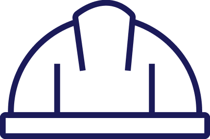 A simple line drawing depicts a construction hard hat with a rounded top and a short brim, shown in a dark blue color against a plain white background.