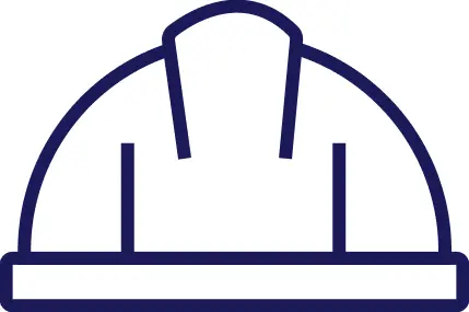 A simple line drawing depicts a construction hard hat with a rounded top and a short brim, shown in a dark blue color against a plain white background.