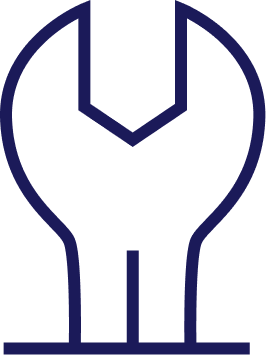 A blue wrench icon stands upright on a white background, depicted in simple, bold lines. The wrench has an open-end and symmetrical design, conveying a straightforward, mechanical concept.