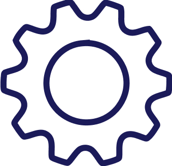 A simple, dark blue gear icon with evenly spaced teeth, set against a white background, suggesting mechanical or settings functionality.