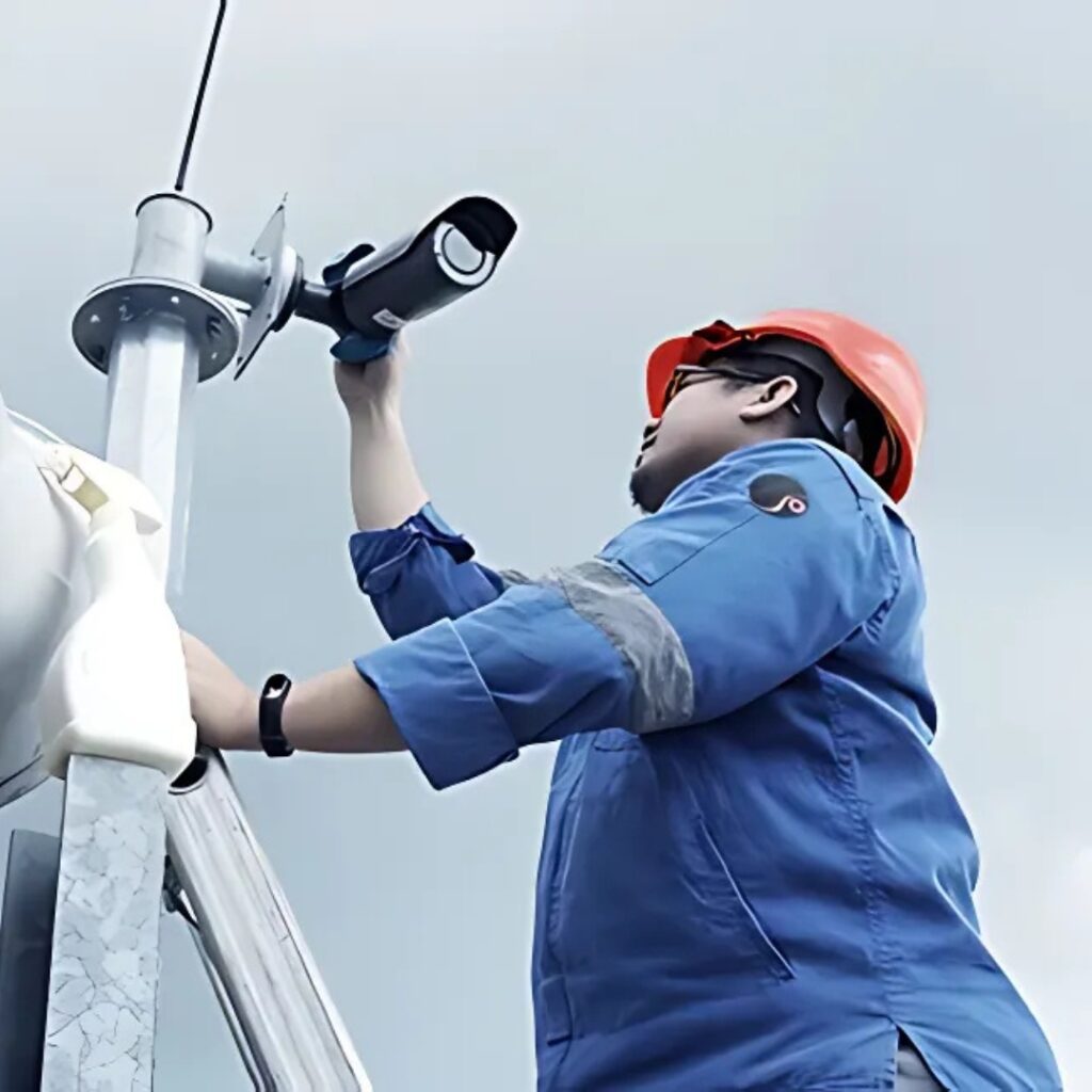 A person in a blue uniform and orange helmet adjusts a security camera on a pole against a cloudy sky.