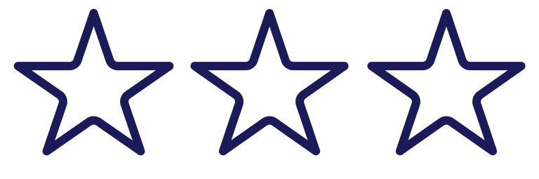 Three outlined stars are aligned horizontally, equally spaced, and set against a plain white background. Each star is depicted using thick, dark blue lines.