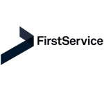 A geometric, upward-pointing arrow logo is paired with the text "FirstService" in a sleek, black font on a white background.