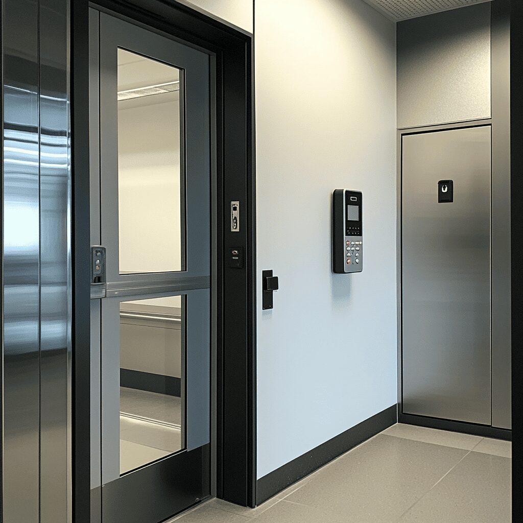 Modern elevator with glass and metal doors in a clean, well-lit building hallway. A keypad access control system is mounted on the wall next to the elevator.