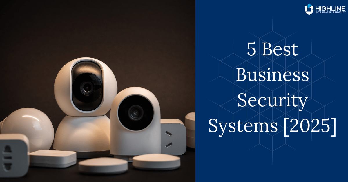 "Close-up of white security cameras and accessories on a dark background with the text '5 Best Business Security Systems [2025]' overlaid in blue."
